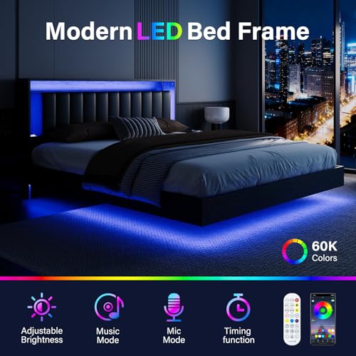 Belffin Floating Bed Frame Queen Size with LED Lights & Charging Station, Wooden Headboard with Hidden Storage and Faux Leather Backrest, Easy Cleaning, No Box Spring Needed, Noise-Free, Black Belffin
