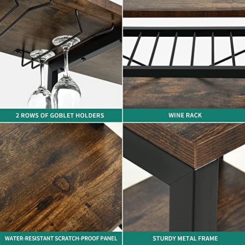 YITAHOME Rustic Brown Kitchen Microwave Stand and Bakers Rack with Power Outlet - 39 Inch Freestanding Coffee Bar with Wine Storage and Cup Holder YITAHOME