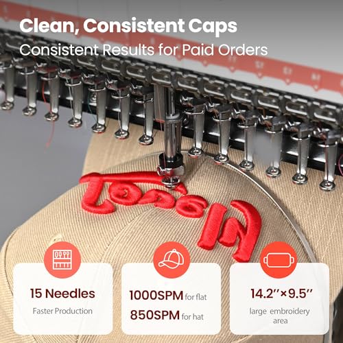 POOLIN EOV 15 Needle Professinoal Hat Embroidery Machine,270° Cap rotation,14.2"x9.5" Large Area,Multi-Needle for Small Business & Home Shop,3D Cap & Hat,Flat Embroidery Avaliable,Built for Business