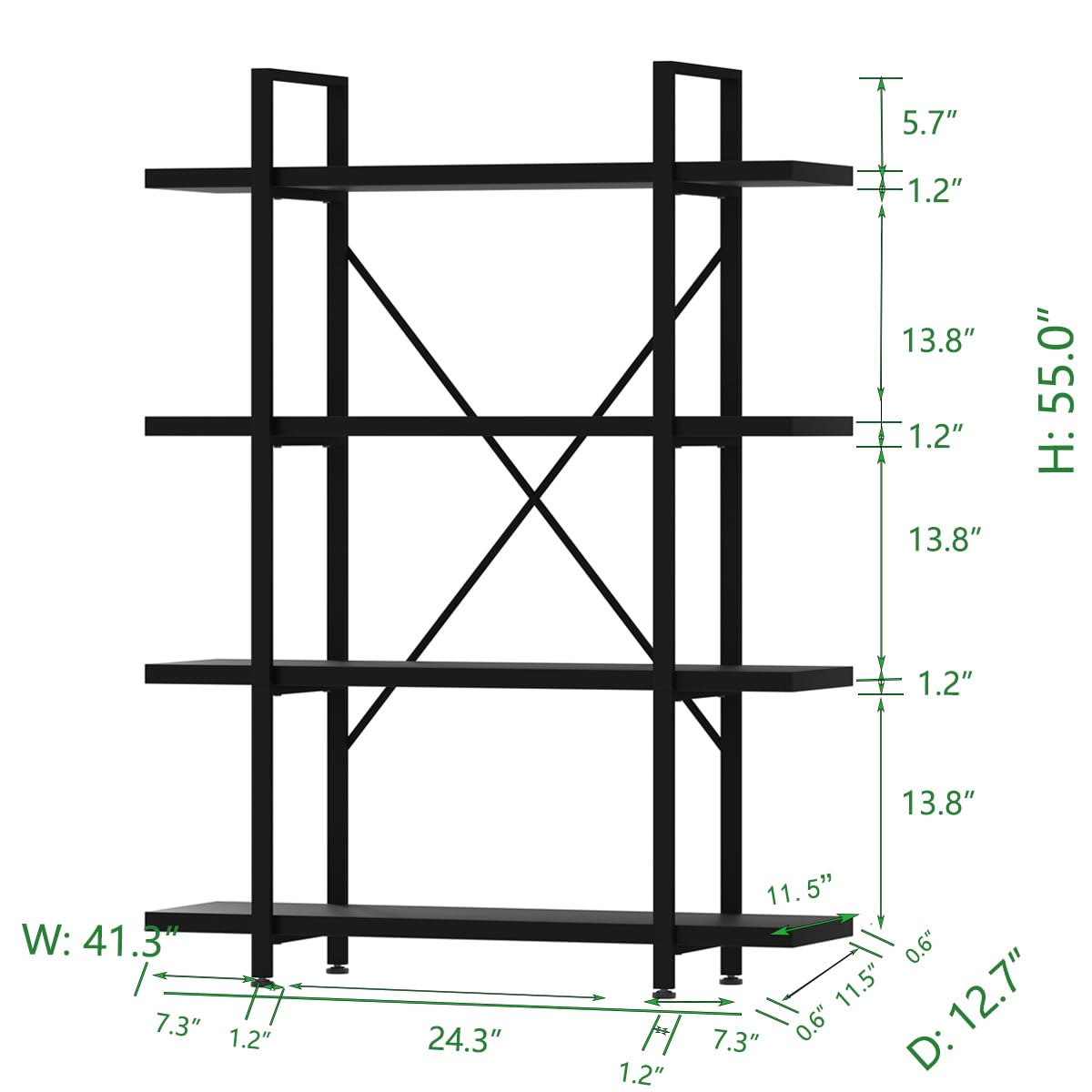 HSH 4 Tier Black Bookshelf, Industrial Metal Wood Storage Book Shelves, Modern Open 4 Shelf Bookcase and Display Etagere, Vertical Book Shelf for Bedroom Living Room Office HSH