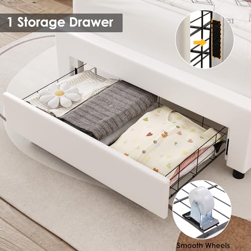 Keyluv Twin Upholstered LED Storage Bed Frame with Adjustable Crystal Crown Headboard in White Keyluv