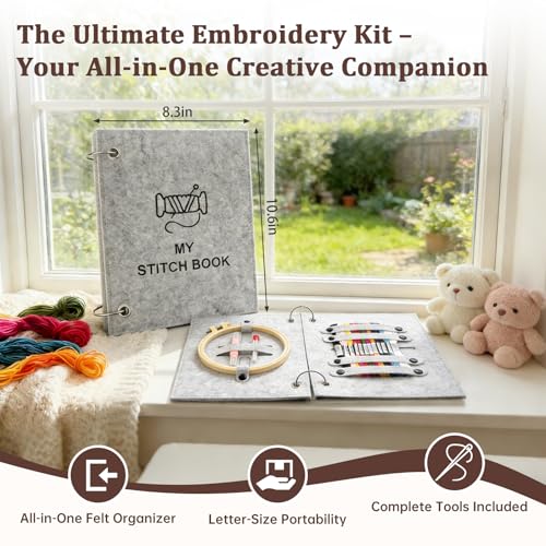 Bmtbu 2026 Upgraded Embroidery Stitch Book Kit with 8.27"x10.65" Portable Loose-Leaf Cover, 6 Fabric Pages, Complete Toolkit, Easy Instructions & Video Tutorials. (Classic)