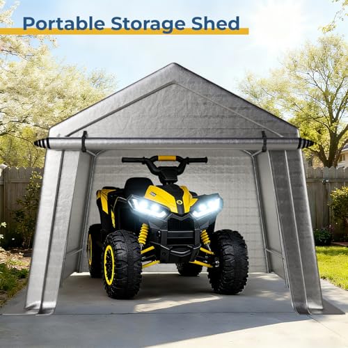 LINKHOO 10x10 FT Portable Garage Carport, Heavy-Duty Storage Shed with 220G Waterproof PE Tarp, Roll-Up Zipper Door & Vent, for Motorcycle, Bike, UTV, Tools, Outdoor Equipment, Gray LINKHOO