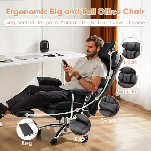 Sweetcrispy Executive Home Office Desk Chair - Ergonomic Big Tall High Back with Footrest & Lumbar Support, Reclining Height Adjustable, Comfy PU Leather Computer Gaming with Swivel Wheels, Black Sweetcrispy