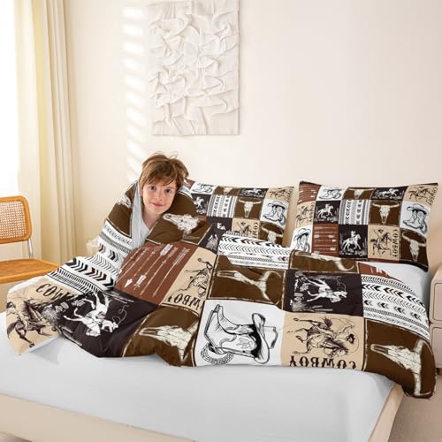 Cowboy Comforter Set Full Size,Southwestern Aztec Country Horse Bedding Set 3pcs,Rustic Ranch Retro Animal Down Comforter,Brown Patchwork Farmhouse Bed Set for Kids Boys Teens,2 Pillowcases,No Sheets Manfei