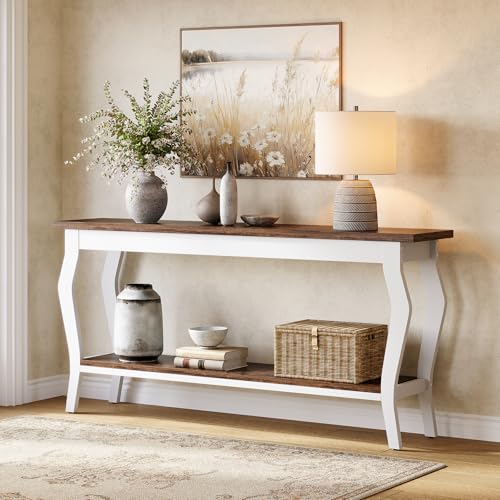 LITTLE TREE 70.9 Inches Long Console Table, 2-Tier Vintage Wooden Sofa Table Behind The Couch with Metal Legs for Hallway, Entryway, Living Room, Brown & White LITTLE TREE