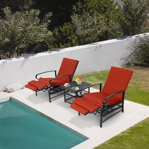 Oakcloud Adjustable Outdoor Lounge Chair Metal Patio Relaxing Recliner Chair with Removable Cushions(Red)