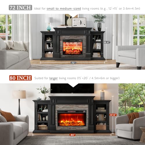 80" Fireplace TV Stand, Electric Fireplace with Mantel for TVs Up to 90 Inch, Modern Entertainment Center with Storage, Realistic Stacked Stone Surround with 30'' Fireplace for Living Room, Black HolliWill