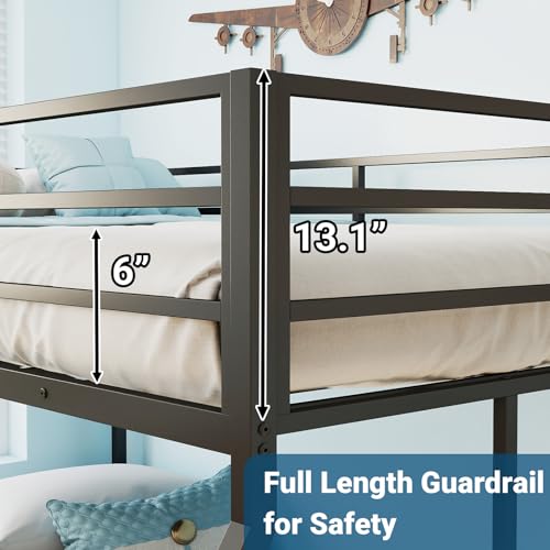 Rovibek Metal Bunk Bed Twin Over Full - Low Bunk Beds with Ladder and Guardrail, Heavy Duty Bunk Beds for Adults & Teens, No Box Spring Needed, Black Rovibek