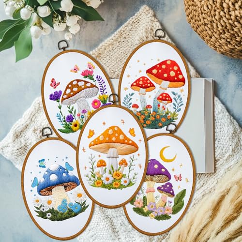 ORIGACH 5 Pack Mushroom Embroidery Kits for Beginners, DIY Stamped Cross Stitch Kit with Mushroom Patterns Hoops Needles Threads and Instructions for Adults Embroidery Craft Lover