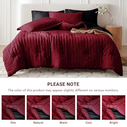 MUXHOMO 7 Pieces Queen Comforter Set, Seersucker Bed in a Bag Queen Size, All Season Luxury Bedding Set with Comforter, Flat Sheet, Fitted Sheet, Pillowcases & Shams, Red & Black MUXHOMO