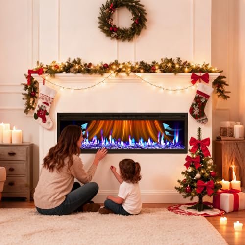 GARVEE Electric Fireplace 60 Inch, Wall Mounted Electric Fireplace, Remote Control with Timer,Touch Screen,Adjustable Flame Color and Speed,750W/1500W (Remote, 50 in) Garvee