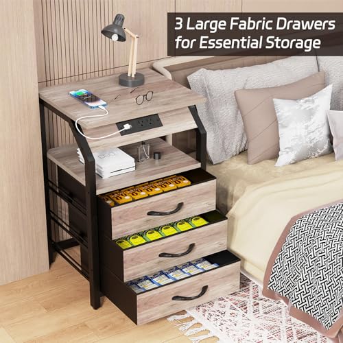 SZLHANJZ Night Stand Set of 2, Nightstands with Charger Station and LED Lights, End Tables Set with 3 Fabric Drawers, Storage Side Tables for Bedside, Living Room, Greige SZLHANJZ