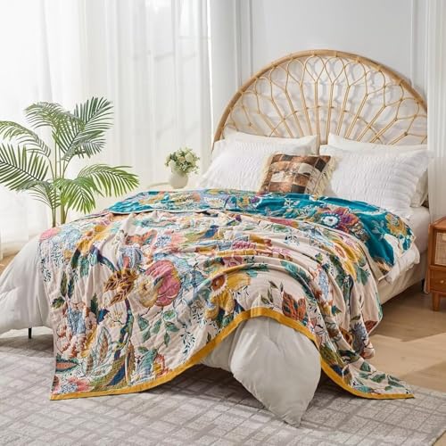 ERZVND Boho Throw Blanket Farmhouse Decor Throw Blanket Bohemian Blanket for Bed 100% Cotton Muslin Woven Couch Blanket All Seasons Quilt Bedroom (Beige, 50"x60") ERZVND