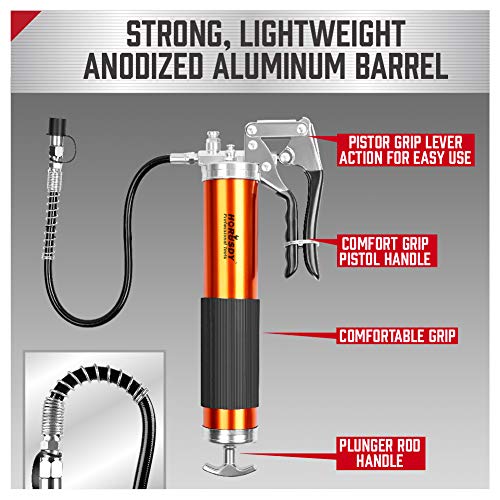 HORUSDY Heavy Duty Grease Gun with 14oz Grease Tubes | Grease Gun Flexible Hose | 7000 PSI | 18 Inch Spring Flex Hose | 2 Working Coupler | 2 Extension Rigid and 1 Sharp Type Nozzle Included HORUSDY