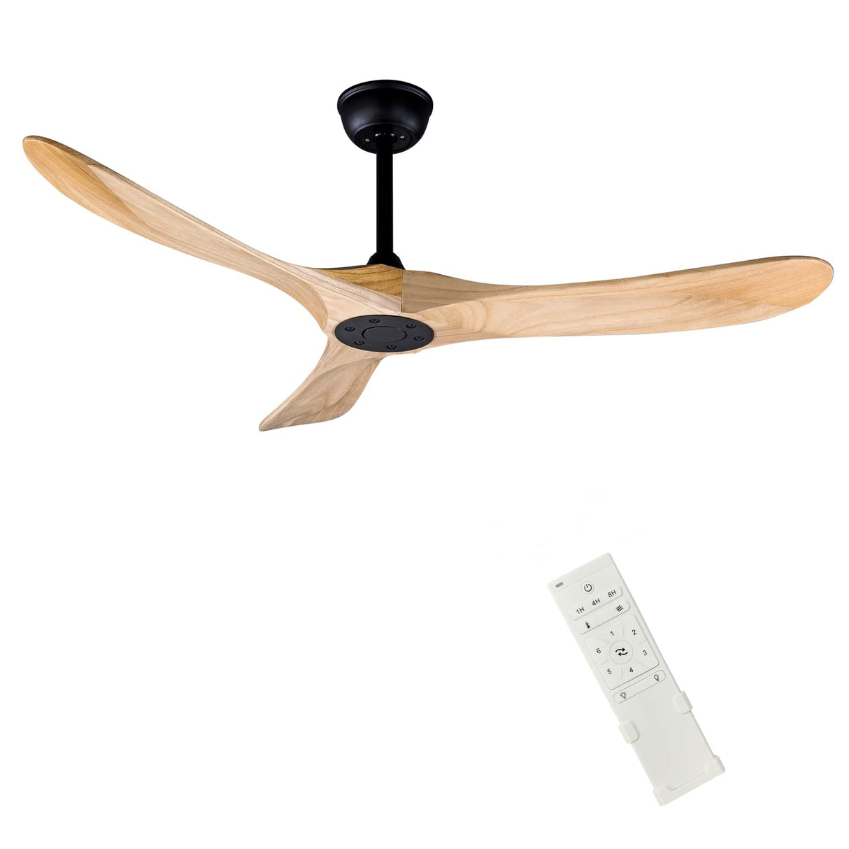 FOBLKS 52" Indoor/Outdoor Wooden Ceiling Fan, 3 Blade DC Ceiling Fan with Remote Control, 2 Downrods, Reversible DC Motor 22W Quiet Energy Saving FOBLKS