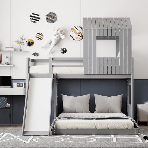 Harper & Bright Designs House Bunk Beds Twin Over Full Size, Wood Bunk Beds with Roof and Window (Grey, Twin Over Full (with Slide)) Harper & Bright Designs
