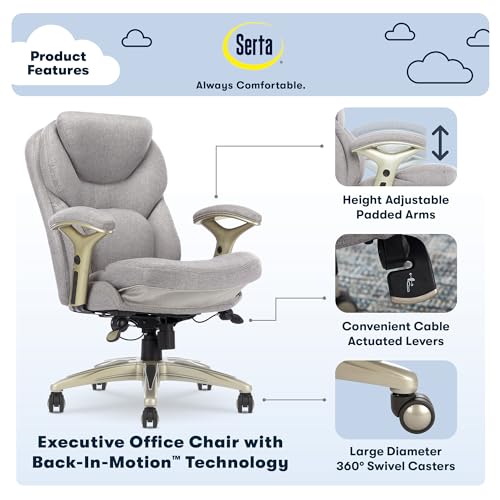 Serta Ergonomic Executive Office Chair Motion Technology Adjustable Mid Back Design with Lumbar Support, Light Gray Fabric Serta
