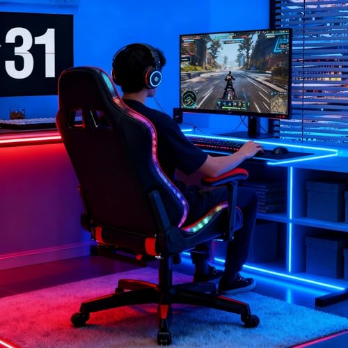 Gaming Chair with Bluetooth Speakers & LED Lights, Ergonomic Massage Computer Chair Height Adjustable, Video Game Chair with 360° Swivel Seat and Headrest, High Back Lumbar Support Design cukoekim