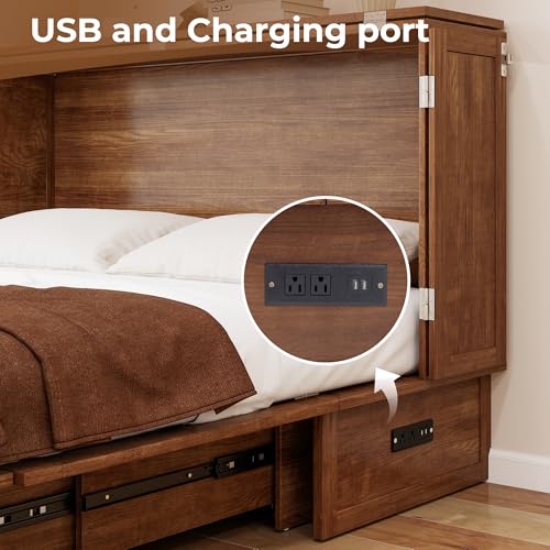 Nesbsakte Queen Murphy Bed Cabinet: Hidden Space-Saving Solid Wood Cabinet Bed with USB Charging for Beedrooms and Apartments(Mattress Not Included) Yellow Brown-15 Nesbsakte