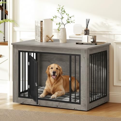DWVO Dog Crate Furniture, 38 Inch Dog Kennel Indoor Furniture End Table for Dogs, Farmhouse Decorative Wooden Cage, Chew-Resistant, Grey DWVO