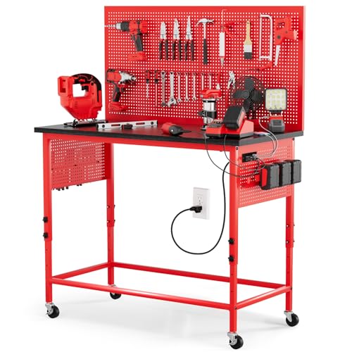 Work Bench, Ferreteriai 47" Heavy Duty Workbench with Power Outlet & USB-C, Exclusive Red Side Battery Holder, Adjustable Height, 2100LB Capacity, Locking Wheels for Garage Workshop Ferreteriai