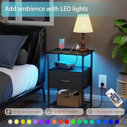 LAKEMID Nightstands Set of 2 with Fast Charging Station and Drawer, End Table Bedside Table with 20 Colors LED Light Strip and 2 Layers Shelf for Bedroom Living Room Sofa Couch (Black) LAKEMID