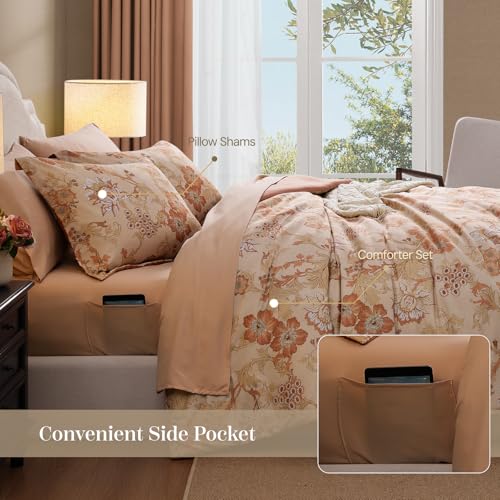 BLOOMHAVEN King Comforter Set -7 Pieces Terrecotta Floral Comforter Set for All Seasons, Bed in a Bag King with Botanical Flowers Comforter, Sheets, Pillowcases & Shams BLOOMHAVEN
