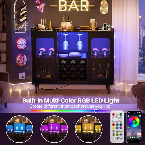 iSunirm Wine Bar Cabinet with Power Outlet, Liquor Cabinet Bar with LED Light and Glass Holder, Home Coffee Bar Cabinet, Buffet Sideboard with Storage Shelf for Kitchen, Dining Room, Black iSunirm