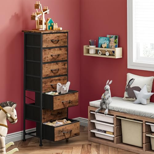Fixwal Tall Dresser for Bedroom, Storage Dresser Organizer with 7 Fabric Drawers, Nightstand Furniture in Closet, Entryway, Hallway, Rustic Brown Wood Grain Print Fixwal
