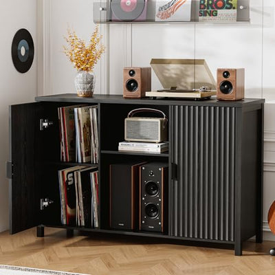 BROTTAR Large Record Player Stand with Vinyl Storage, 47" Wood Turntable Stand with Open Shelves and Fluted Doors, Vinyl Record Storage Cabinet Holds Up to 480 Albums for Music Room Living Room, Black