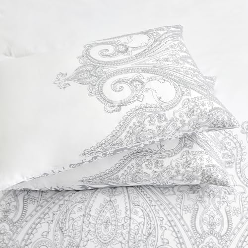 Sunshine Nicole Reversible Comforter Set, Brushed Microfiber Fabric with Embroidery for Front and Printed Microfiber Fabric for Reverse, 3 Pieces Grey White King Sunshine Nicole