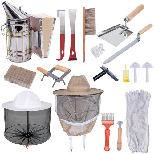ThxBees 8 Frame Bee Hive Starter Kit, Beehives and Supplies, Beehive Dipped in 100% Beeswax with Frames, Bee Starter Kit Includes Hive Pro Feeder, 2Pcs Bee Keeper Hats, 17Pcs Beekeeping Tool Kit ThxBees