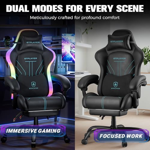GTPLAYER Gaming Chair, Computer Chair with RGB LED Lights, High Back Ergonomic Chair for Adults with Footrest, Reclining Office Chairs, Linkage Armrest, Blue GTPLAYER