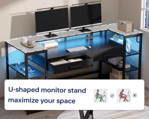 Pamray 58 Inch Computer Desk with Monitor Stand and Shelves Gaming Desk with LED Lights & Power Outlets PC Vanity Table with 2 Drawers for Home Office Black Pamray
