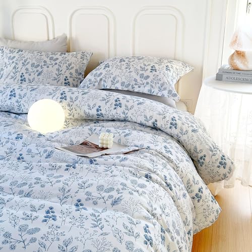 EAVD Blue Floral Comforter Set Twin/Twin XL White Soft Microfiber 3-Pieces Boho Botanical Flower Bedding Comforter Set for Girls with 2 Pillowcases Cute Fresh Botanical Bedding Set for All-Season EAVD