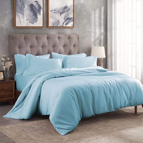 Superior Combed Cotton, 300 Thread Count 3 Piece Duvet Cover Set with 2 Pillow Shams, Single Ply Cotton, Soft and Luxurious Bedding Sets - Full/Queen Duvet Cover, Light Blue Superior