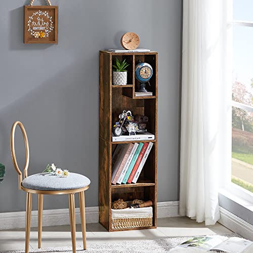 VECELO Small Bookshelf, 5 Cube Slim Bookcase, Fits Tallest Hardcovers, Horizontal Available, Modern Floor Standing Unit, Each Shelf Hold Up to 66 LBS, Vintage Brown VECELO