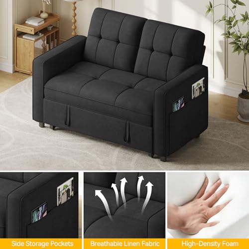 YITAHOME 3-in-1 Convertible Sofa Bed, Modern Loveseat Sleeper with Pull-Out Chaise, USB Charging Ports, Side Pockets, Compact Sofa for Living Room, Bedroom, Apartment, Black YITAHOME