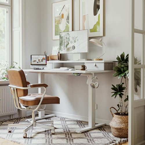 Agilestic 63 x 24 Inches Electric Standing Desk with 2 Storage Drawers, Stand Up Desk Adjustable Height, Sit and Stand Computer Table with Splice Board, White Agilestic