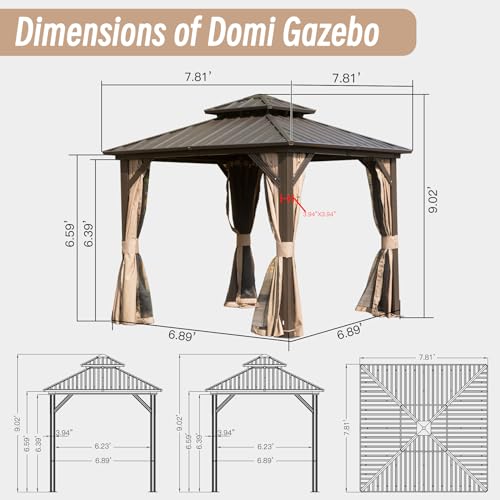 Domi Hardtop Gazebos 8x8FT, Aluminum Metal Gazebo with Galvanized Steel Double Roof Canopy, Curtain and Netting, Permanent Gazebo Pavilion for Patio, Backyard, Deck and Lawn, Brown domi outdoor living