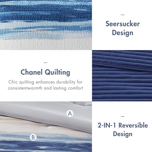 Madison Park Marina Comforter Quilt Combo Set - Modern Luxury Design, All Season Down Alternative Bedding, Matching Shams, Decorative Pillows, King/Cal King(104"x92") Seersucker Blue 8 Piece Madison Park