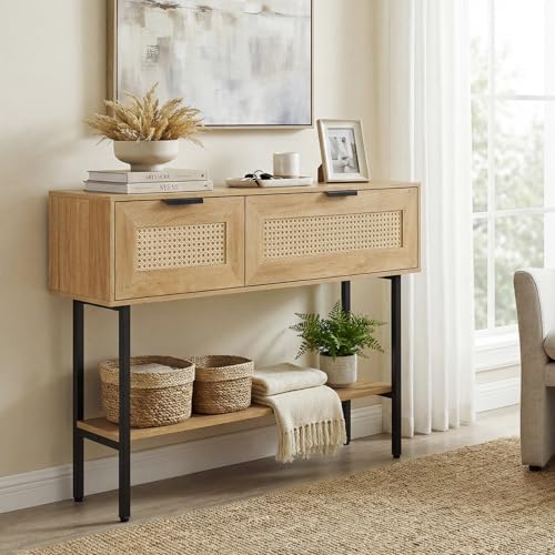 Giantex Rattan Console Table with Storage, 40" Boho Entryway Table w/ 2 Flip Door Cabinets & Shelf, Metal Frame, 2 Anti-Tipping Kits, Narrow Long Behind Couch Sofa Table for Entrance Hallway, Natural Giantex