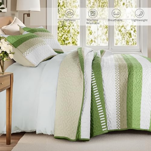 Whale Flotilla Twin Quilt Set - Reversible Green Quilts Twin Size with 1 Pillow Sham, Lightweight Boho Striped Bedspreads Coverlet Bedding Set for All Seasons Whale Flotilla