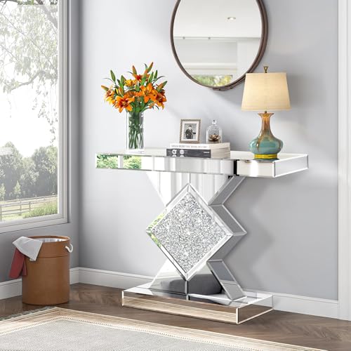 GA Home Silver Mirrored Console Table with Crushed Diamond lnlay, 32" Long Entryway Sofa Table, Shiny Narrow Table for Living Room, Hallway Foyer, Entrance GA Home