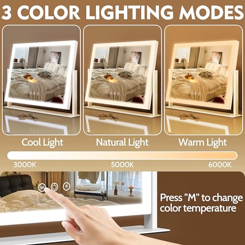 ROLOVE Lighted Makeup Mirror 16.3"x12.6", Hollywood Vanity Mirror with 10X Magnifier, 3 Color LED Lighting Modes, Smart Touch Control & 360° Rotation, Tabletop Makeup Mirror (White, Gift Ready) ROLOVE
