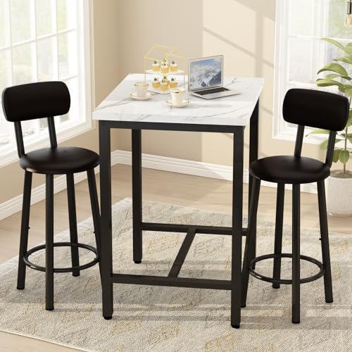 LTTROMAT Dining Table Set, 23.6” Square Faux Marble Table with 2 PU Upholstered Backrest Chairs, 3-Piece Kitchen Dining Room Set for Small Spaces, Kitchen, Restaurant Furniture, White LTTROMAT