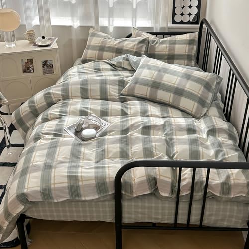 HighBuy Buffalo Plaid Comforter Set Full Size Green Khaki Grid Bedding Comforter Full Boho Gingham Checkered Bedding Set 3 Piece Lightweight Fluffy Comforter with 2 Pillowcases for Boys Men HighBuy