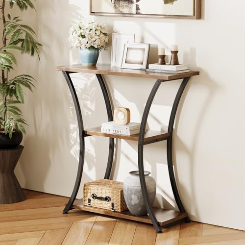 Trironsun Rustic 3-Tier Console Table with Open Shelves Narrow Entryway Table with Curved Metal Frame Slim Sofa Table for Hallway Living Room or Foyer (Rustic Brown) Trironsun