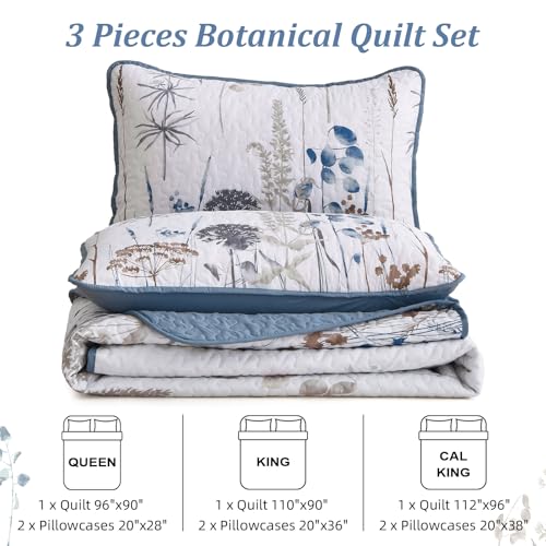 Dobuyly Blue Quilt California King Size Floral Botanical King Quilt Bedding Set 3 Pieces Soft Lightweight Microfiber Flower Bedspread Coverlet Set for All Season, 112"x96" Dobuyly